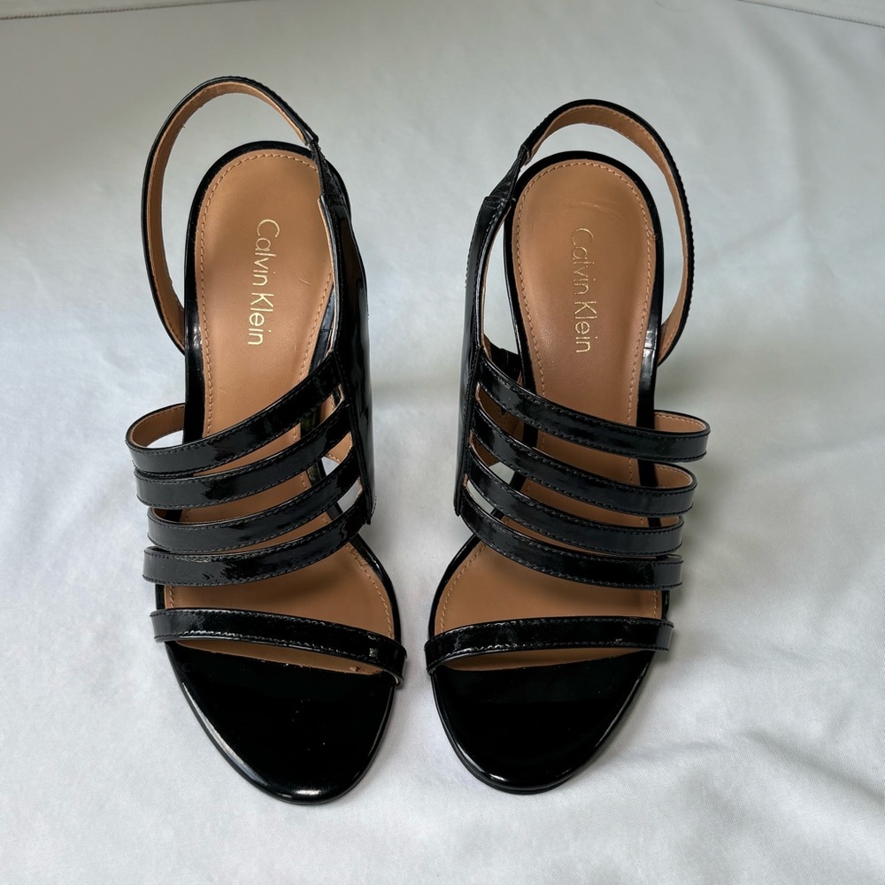 Calvin Klein Heels Sandals Patent Leather Strappy Sling Back Black Mirian